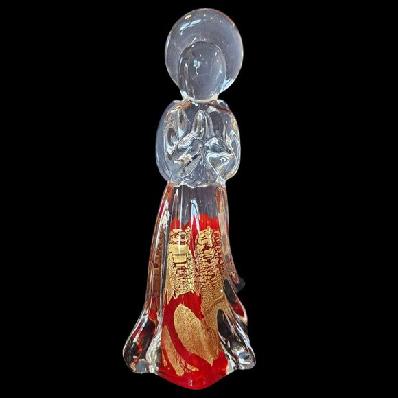 Vintage Art Glass Praying Angel Clear Red Blown Glass with Gold Aventurine 7.75" - Picture 1 of 9